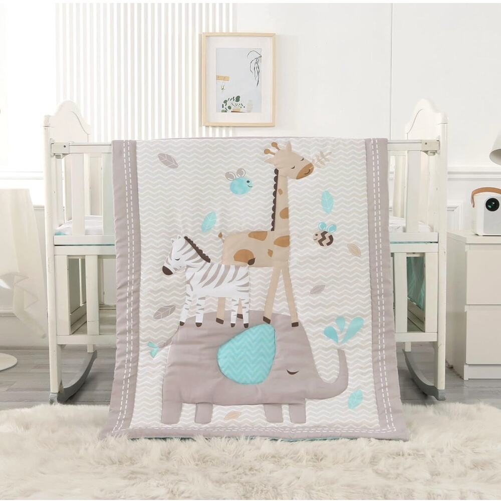 Wowelife Safari Elephant Crib Size Bedding for Baby Boy, Gray and Blue